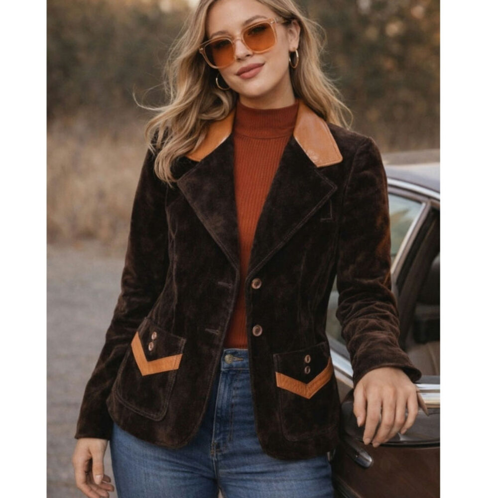 Genuine Leather Jacket Pockets Button Closure Vintage Elbow Patch Women's 13/14